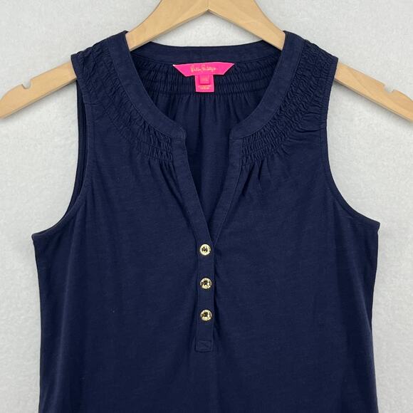 LILLY PULITZER Tank Top 2XS Essie Palm Beach Slub Popover Smocked Cotton Blue - Picture 3 of 15